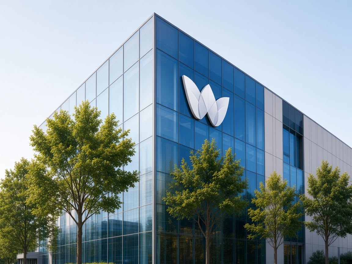 Modern glass building with Web Arts W mark